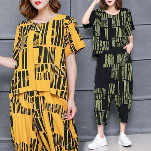 Women's Summer Casual Two Piece Set Loose T Shirt Cropped Harem Pants Artistic Print Plus Size Yellow Green Polyester - Product Image 2