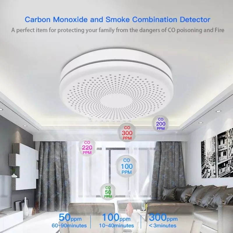 Tuya WiFi Smart CO and Smoke Alarm Detector 2 in 1 Combination alarm sound 85dB Wifi Smoke and Carbon Monoxide Alarm Detector