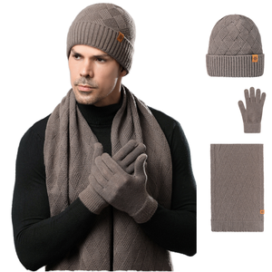 Ensemble bonnet épais avec revers large côtelé, cache-cou isolant, gants et écharpe en mélange de laine pour homme – Idéal hiver et plage - Product Image 2