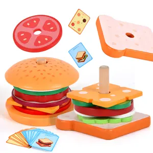 Mainan makanan kayu anak-anak bermain peran Sandwich mainan Hamburger Montessori anak-anak pendidikan mainan dapur kayu