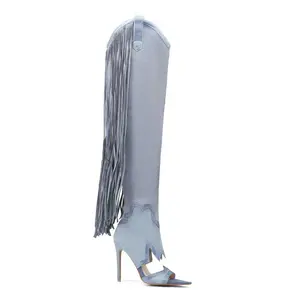 2023 Fashion fringe boots women's shoes Vintage stiletto heels over the knee suede women's boots Spring and autumn women's boots