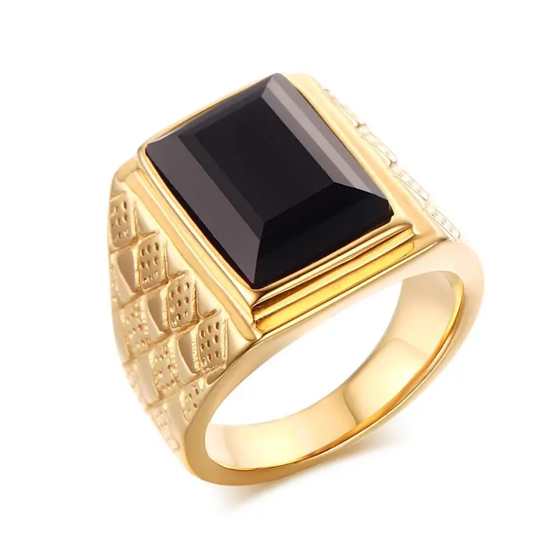 European Luxury Male Jewelry 18K Gold Plating 316L Stainless Steel Ring Stainless Steel Square Black Gemstone Ring For Men