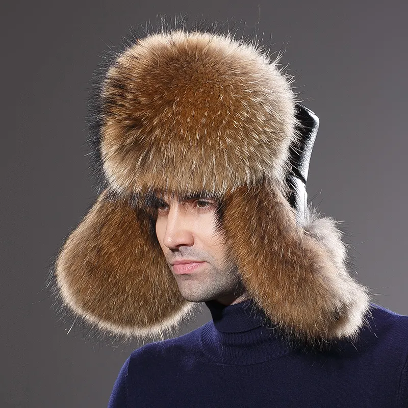 Kış gerçek kürk rus Ushanka şapka moda kış açık bombacı şapka erkekler için açık Trooper kayak şapkası