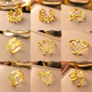 Bagues de luxe en acier inoxydable plaqué or 18 carats, motif cœur et papillon, pour femme, style vintage, fleur géométrique, idéales pour un cadeau - Product Image 1