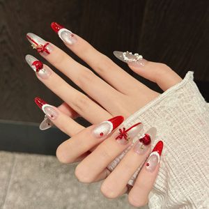 Juego <span class=keywords><strong>de</strong></span> <span class=keywords><strong>Uñas</strong></span> Postizas con Diseño Navideño, Ojo <span class=keywords><strong>de</strong></span> Gato Rojo Angora, Lazo 3D, Diseño Francés, en Caja <span class=keywords><strong>de</strong></span> Regalo - Product Image 2