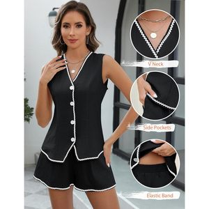 Conjunto de Dos Piezas de Lino para Mujer, Blazer sin Mangas y Pantalones Cortos a Juego, Atuendos Transpirables para Vacaciones de Verano, Ropa de Resort con Botones - Product Image 2