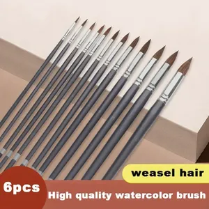 Lot de 6 pinceaux à poils de blaireau à manche long, pointus et ronds, pour peinture acrylique, gouache, aquarelle et huile – Fournitures d'art - Product Image 1