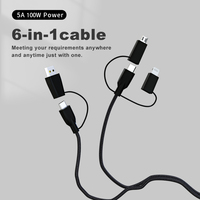 5A 100W Câble USB de données de charge rapide multifonctionnel 6 en 1 à courant élevé pour Iphoine Android