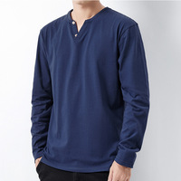 T-shirt basique pour homme à col en V et manches longues, coupe ample, en coton, à deux boutons, pour grandes tailles, vente en gros