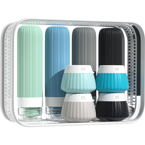 Ensemble de 8 flacons de voyage en silicone anti-fuite, kit de toilette rechargeable, 4 flacons de 90 ml, 4 pots de 30 ml avec sangle de sécurité - Product Image 1