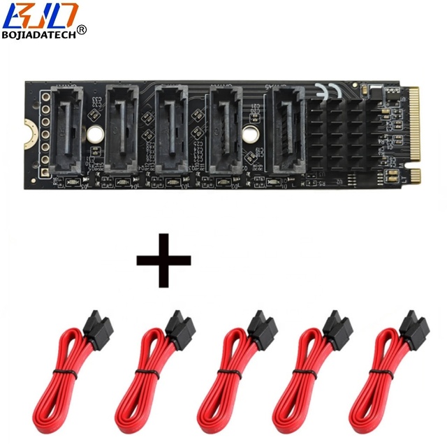 M.2 NVME M-Key to 5 * SATA 3.0 7PIN Connector HDD Adapter Expansion Riser Card JMB585 with SATA3 Data Cable for Hard Disk Drive