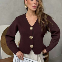 Kardigan Rajut V-Neck Elegan Wanita Kancing Emas Lengan Panjang Slim Fit Jaket Sweater Rajut Wanita Kantoran Pakaian Luar Musim Gugur