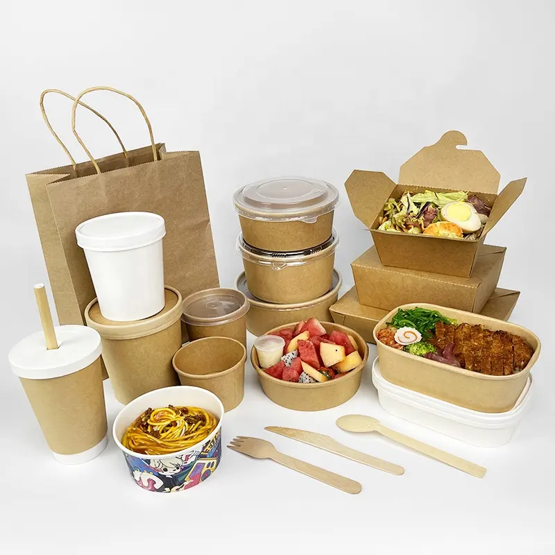 Portare via insalata ramen contenitore per minestra scatole per imballaggio rettangolari carta kraft estrarre bento bowl pranzo confezione per fast food