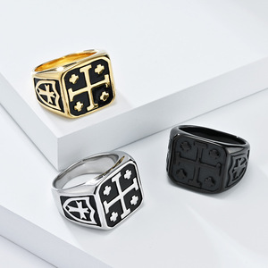 Hip-hop street retro Jerusalem cross <b>titanium</b> steel <b>ring</b> for men, personalized European Crusader jewelry - Product Image 1