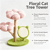 Pettoyglobal 72.5cm Pohon Kucing Motif Bunga Pink dengan Dua Tempat Bertengger Berbentuk Bunga, Papan Garuk Sisal dengan Telinga Kucing, Batang Melengkung MDF Ramah Lingkungan - Mainan Kucing