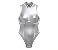 Traje de Baño Metálico Plateado Sexy de Cuello Alto para Mujer, Monokini para Carnaval, J'ouvert, Festivales, Fiestas, Venta al por Mayor, Personalizado, OEM