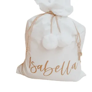 Sacchetto di natale bianco con coulisse regalo di lusso Pom Pom Logo personalizzato sacco di babbo natale in velluto bianco