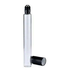 10ml Clear Borosilicate Glass High Vial Tube Perfume Essential Oil Bottle Metal Roller Ball Bottle with Black Aluminum Screw Lid