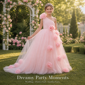 <span class=keywords><strong>Abito</strong></span> da <span class=keywords><strong>Damigella</strong></span> Elegante per <span class=keywords><strong>Bambina</strong></span> da Cerimonia Nuziale con Marchio Personalizzato, Monospalla con Fiori 3D alla Moda - Product Image 2