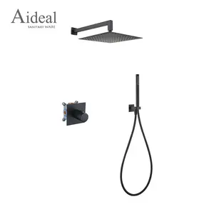 Space saving popular matte black concealed in wall large size top rain shower 2 function shower mixer