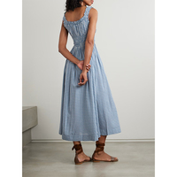 Check Print Front Tie Strap Bleu et Blanc Casual Mode Femmes D'été Genou-Longueur Respirant Taille Naturelle Robe