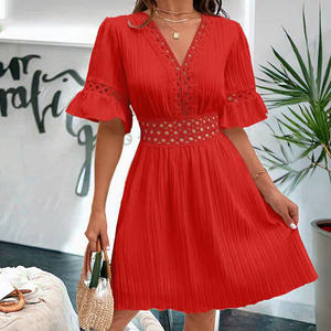Red Pleated Midi Dress for Women Elegant V Neck Lace Trim Dress <b>Flare</b> Sleeve Party Dress Casual Summer Dress Stylish Womens Fash - Product Image 3