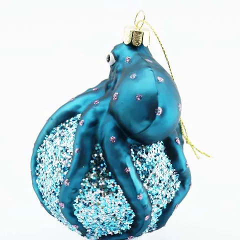 Custom Creative Design Sea Animal Octopus Shape Glass Baubles Sublimation Ornament Blue Glitter Christmas Ball Ornament