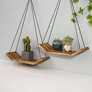 Wooden <b>Hanging</b> Rope Shelf Polygon Shape <b>Wall</b> Mounted <b>Storage</b> Rack For Plants Home Use - Product Image 2