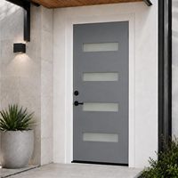 Porte d'entrée moderne en fibre de verre blanche 36x80, texture bois, 4 vitres dépolies Low-E, cadre vinyle 4-9/16, pour maison
