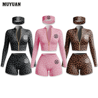 Set 2 potong Jaket dan Celana Pendek Motif Leopard Logo Kustom Trendi 2026, Bahan Spandex Nylon, Pakaian Santai/Gym Musim Panas untuk Wanita, OEM