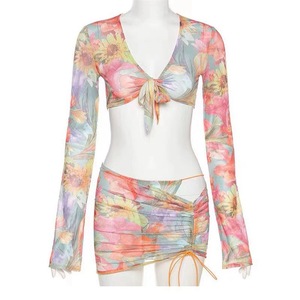 Sexy Babe <span class=keywords><strong>Bikini</strong></span> con cuello en V y corbatas Estampado floral Malla transparente Ultra delgada Cintura alta Caderas Envoltura Falda para vacaciones en la playa - Product Image 5