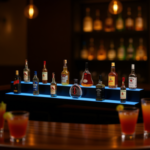 Étagère murale pour bouteilles d'alcool avec éclairage LED, 2 niveaux, 60 pouces, moderne, en métal, revêtement poudré, pré-assemblée - Product Image 2