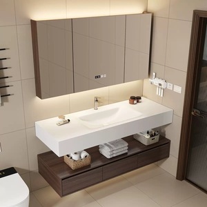 Mueble de baño minimalista de tamaño pequeño con lavabo individual, tablero de roca de doble capa, espejo inteligente con almacenamiento. - Product Image 1