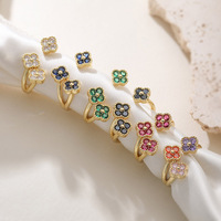 Cincin Terbuka Berlapis Emas Tembaga dengan Empat Kelopak Bunga CZ untuk Wanita, Model Trendi, Dapat Disesuaikan, Grosir