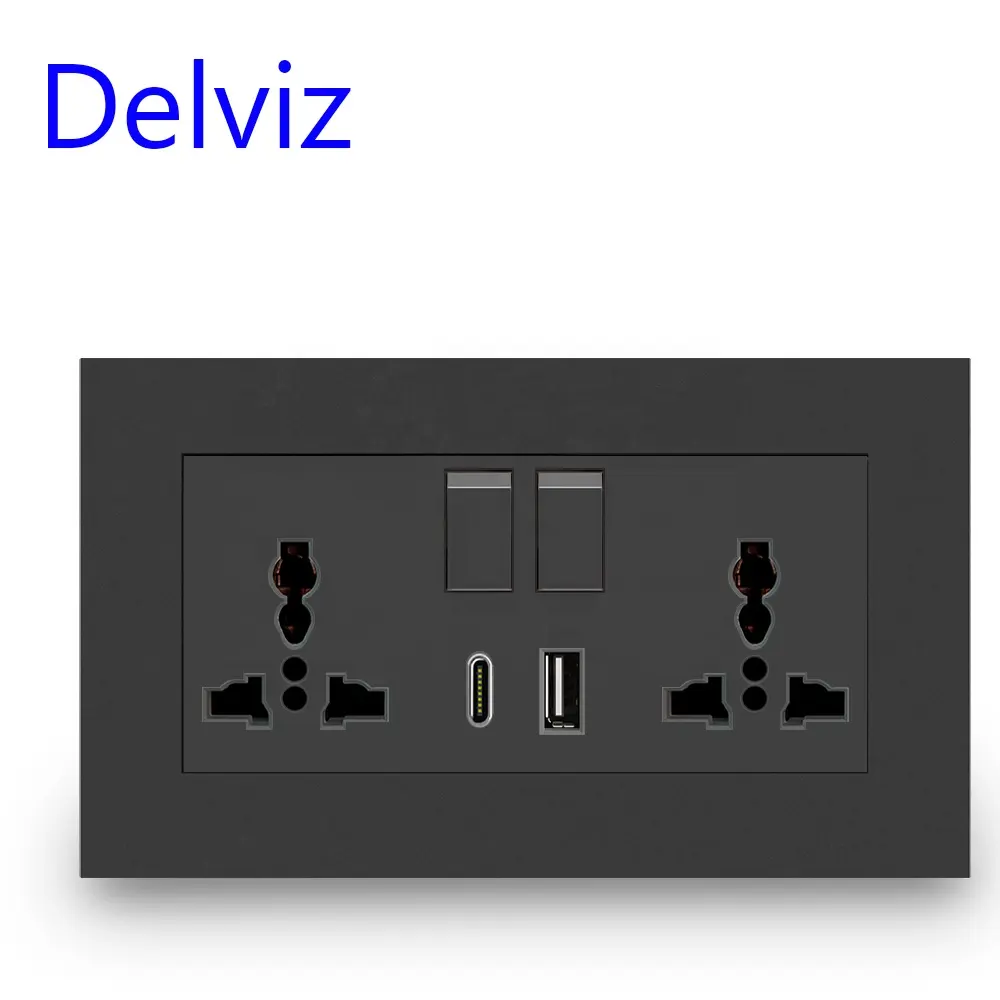 Delviz 13A International Universal Dual Power Outlet  Switch control  5V 2100mA interface output  2A USB Port Type C Wall Socket