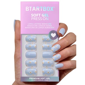 Faux Ongles de Luxe de Haute Qualité en Gros, Faux Ongles Courts Carrés Bleus à Fleurs 3D, Faits Main, Mignons, à Coller, avec Colle - Product Image 1