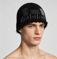 Bonnet tricoté vintage déchiré à franges avec patch en jean, style Y2K, casquette unisexe pour l'hiver