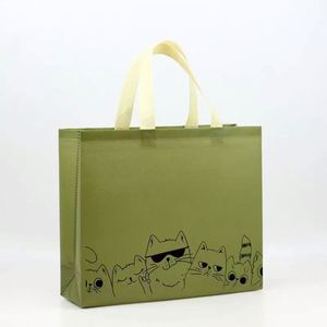 Sacs à main de supermarché pliables réutilisables en tissu non tissé imprimés avec un chat de dessin animé personnalisé - Product Image 2