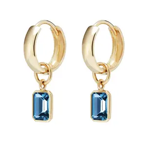 Milskye trend gold plated 14k single emerald cut s925 rainbow gemstone hoop charm earring