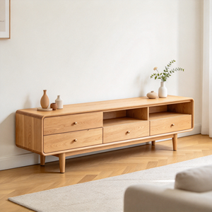 Meuble TV en chêne massif, meuble multimédia en bois, unité de divertissement sur pied avec tiroirs et étagères ouvertes pour salon - Product Image 3