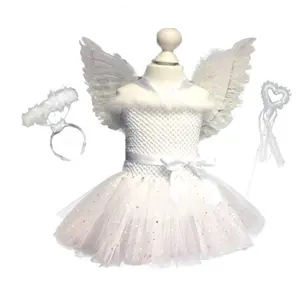 圣诞白色闪亮女孩羽毛天使生日角色扮演儿童派对女孩图图连衣裙配翅膀和仙女魔杖