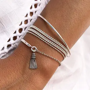 Nieuwe 4 Stks/set Zilveren Kleur Armbanden Set Boho Retro Kwast Multi-Layer Ketting Armbanden Voor Vrouwen Trendy Kwaliteit Sieraden Geschenken