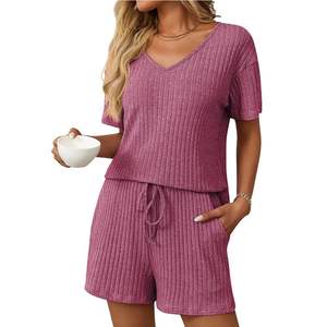 Conjunto de 2 Piezas de Verano, Unisex, Casual, Ecológico, Transpirable, Cuello en V, Midi, Shorts, Color Sólido, Manga Corta Acanalado - Product Image 4