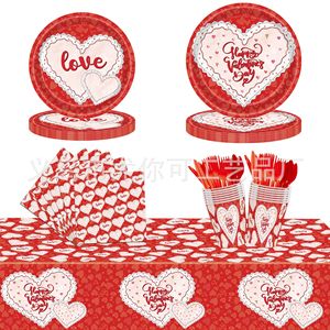 Valentine's Day Party Decorations Heart Theme Disposable <b>Tablecloth</b> Plates Napkins Cutlery Set Red White Classic Style - Product Image 1