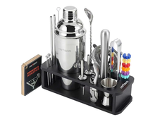 Ensemble d'outils de bar 24 pièces comprenant un support de rangement, des shakers et tous les ustensiles de mélange nécessaires pour la préparation de cocktails