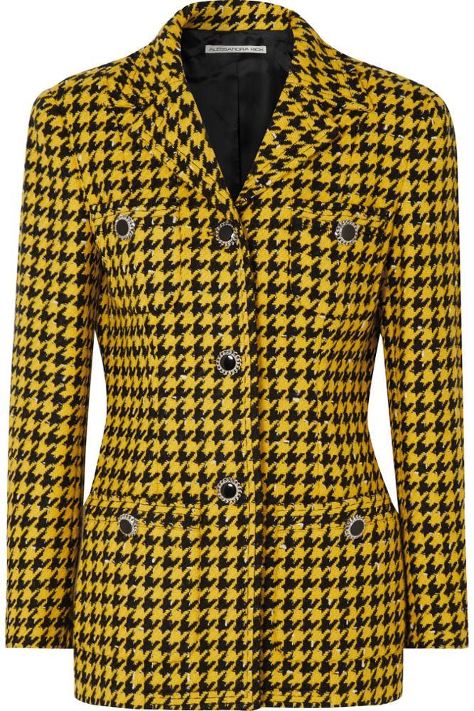 Hiver Automne Costumes Décontractés 2 Pièces Femmes Jaune Houndstooth Laine Tweed Manteau Mini Jupe Ensemble