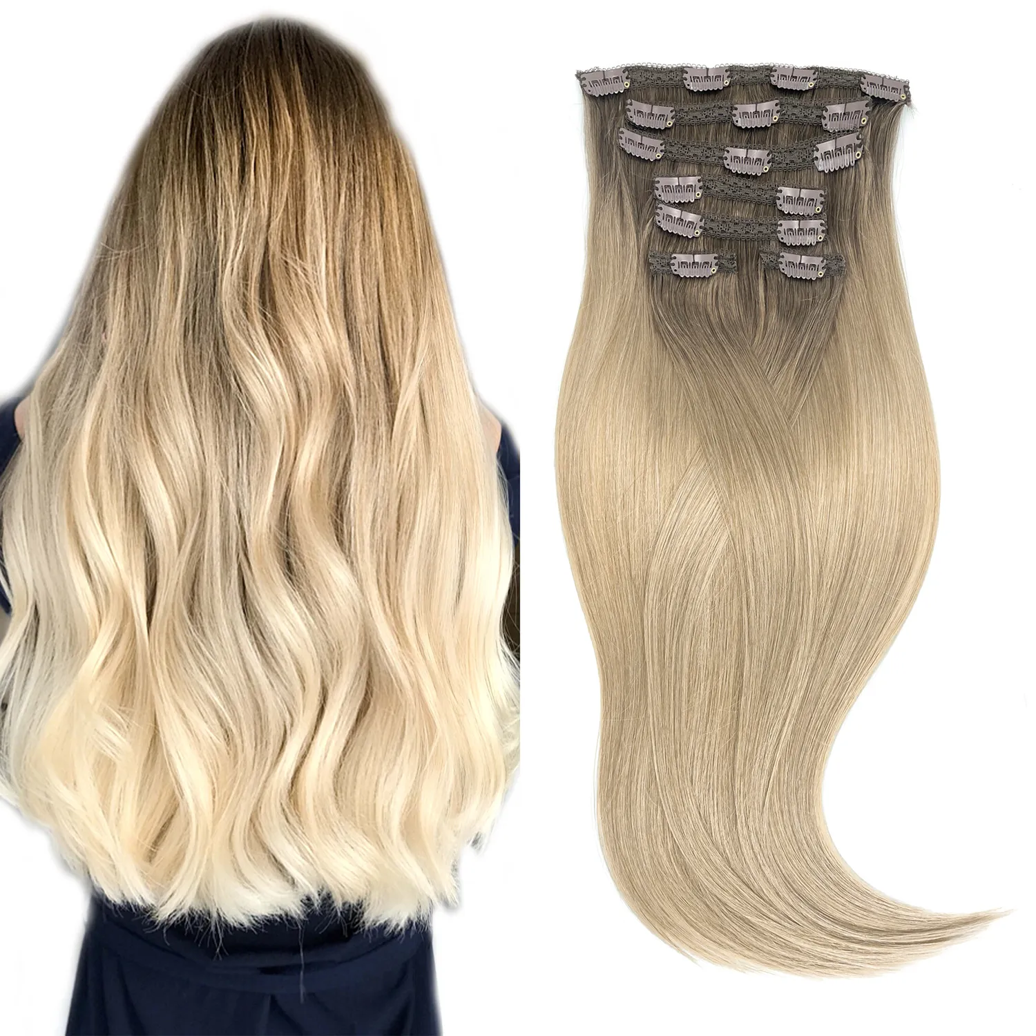 Balayage Double Weft Thick Clip in Real Human Hair Extensions Virgin Remy Clip in Hair Extensions