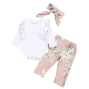 Set Pakaian Bayi Perempuan, Baju Monyet Lengan Panjang + Celana Pola Bunga + Bandana 3 Buah untuk Musim Dingin dan Musim Gugur