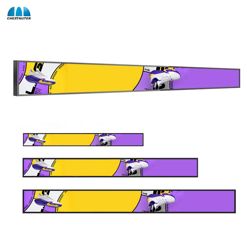 Tela inteligente LCD com borda de prateleira completa 4K, barra esticada, etiqueta de preço, painel LCD, faixa de sinalização de publicidade