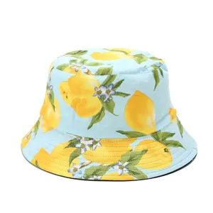YJL New Trend Fruit Series Lemon Avocado Print Pattern Double Sided Fisherman Hat Outdoor Casual Sunshade Foldable Bucket Hats
